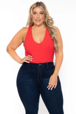 Ambiance Plus Size V-Neck Bodysuit - Red -Kitchensuppliesdeal curvy sense bralettes and bodysuits plus size v neck bodysuit red 30026038444129