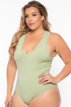 Ambiance Plus Size V-Neck Bodysuit - Sage -Kitchensuppliesdeal curvy sense bralettes and bodysuits plus size v neck bodysuit sage 29256776089697