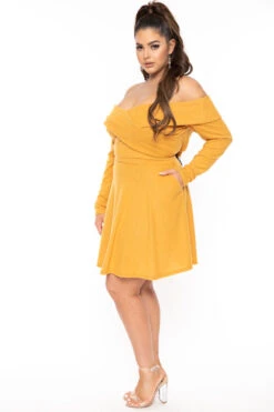 Plus Size Annabell Sweater Flare Dress - Mustard -Kitchensuppliesdeal curvy sense dresses plus size annabell sweater flare dress mustard 30714822885473