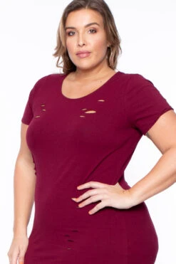 Plus Size Destroyed Tee Dress - Burgundy -Kitchensuppliesdeal curvy sense dresses plus size destroyed tee dress burgundy 29707560976481