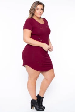 Plus Size Destroyed Tee Dress - Burgundy -Kitchensuppliesdeal curvy sense dresses plus size destroyed tee dress burgundy 29707586601057