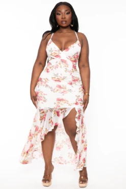 Plus Size Karisma Ruffle Printed Mesh Dress - Ivory -Kitchensuppliesdeal curvy sense dresses plus size karisma ruffle printed mesh dress ivory 32213102035041