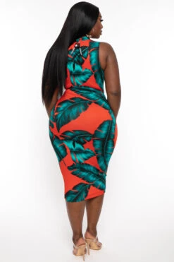 Plus Size Keyhole Tie Knot Palm Print Dress- Orange 4 Plus Size Keyhole Tie Knot Palm Print Dress- Orange -Kitchensuppliesdeal curvy sense dresses plus size keyhole tie knot palm print dress orange 31938928607329