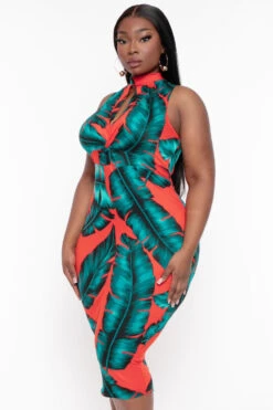 Plus Size Keyhole Tie Knot Palm Print Dress- Orange 5 Plus Size Keyhole Tie Knot Palm Print Dress- Orange -Kitchensuppliesdeal curvy sense dresses plus size keyhole tie knot palm print dress orange 31965410918497
