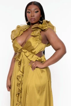 Plus Size Leonora Ruffle Satin Dress - Mustard -Kitchensuppliesdeal curvy sense dresses plus size leonora ruffle satin dress mustard 32066352283745