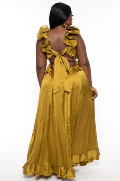 Plus Size Leonora Ruffle Satin Dress - Mustard -Kitchensuppliesdeal curvy sense dresses plus size leonora ruffle satin dress mustard 32066352545889
