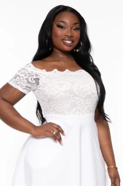 Plus Size Minnie Lace Top Short Sleeve Flare Dress - White 4 Plus Size Minnie Lace Top Short Sleeve Flare Dress - White -Kitchensuppliesdeal curvy sense dresses plus size minnie lace top short sleeve flare dress white 32335399288929