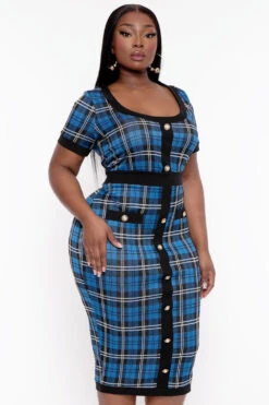 Plus Size Penelope Plaid Midi Dress- Blue -Kitchensuppliesdeal curvy sense dresses plus size penelope plaid midi dress blue 31729005199457