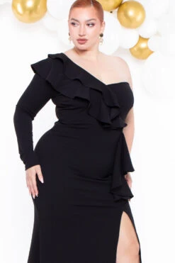Plus Size Riku Asymmetric Ruffle Gown - Black -Kitchensuppliesdeal curvy sense dresses plus size riku asymmetric ruffle gown black 29264480600161