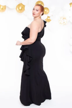 Plus Size Riku Asymmetric Ruffle Gown - Black -Kitchensuppliesdeal curvy sense dresses plus size riku asymmetric ruffle gown black 29264480796769