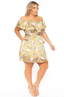 Plus Size Savannah Satin Off The Shoulder Dress - Olive -Kitchensuppliesdeal curvy sense dresses plus size savannah satin off the shoulder dress olive 30103590109281