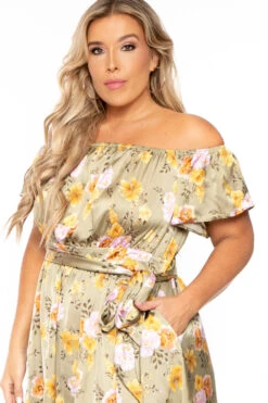 Plus Size Savannah Satin Off The Shoulder Dress - Olive -Kitchensuppliesdeal curvy sense dresses plus size savannah satin off the shoulder dress olive 30103591551073