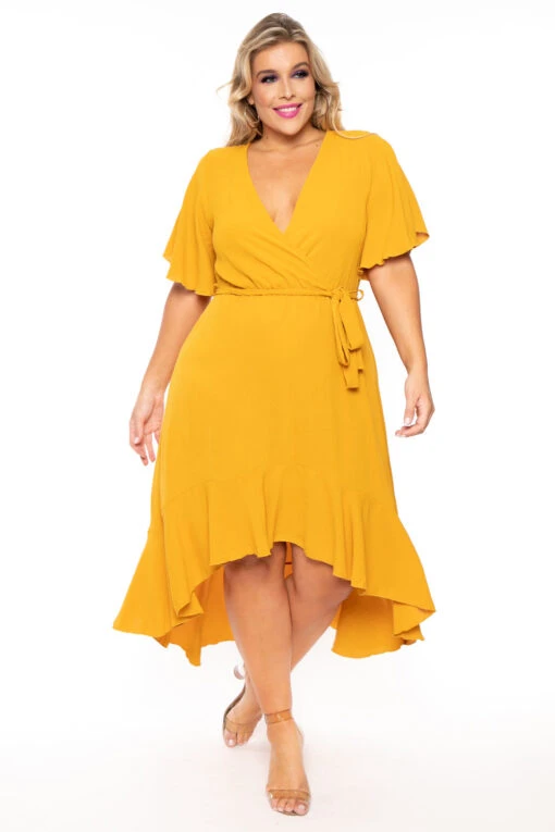 Bluebell Plus Size Tati Surplice Ruffle Dress - Mustard 1 Bluebell Plus Size Tati Surplice Ruffle Dress - Mustard -Kitchensuppliesdeal curvy sense dresses plus size tati surplice ruffle dress mustard 30176497434721