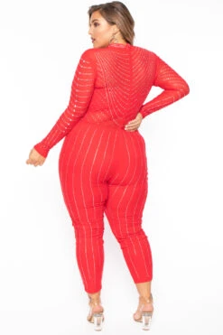 Plus Size 14K Sheer Mesh Rhinestone Jumpsuit - Red -Kitchensuppliesdeal curvy sense jumpsuits and rompers plus size 14k sheer mesh rhinestone jumpsuit red 30021520654433