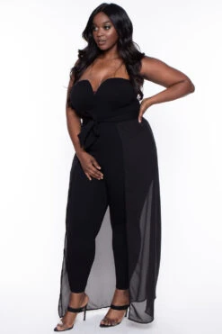 Plus Size Addison Chiffon Overlay Jumpsuit- Black -Kitchensuppliesdeal curvy sense jumpsuits and rompers plus size addison chiffon overlay jumpsuit black 30025808838753