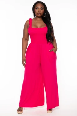Plus Size Delmi Smocked Jumpsuit - Fuchsia -Kitchensuppliesdeal curvy sense jumpsuits and rompers plus size demi smocked jumpsuit fuchsia 32289227833441