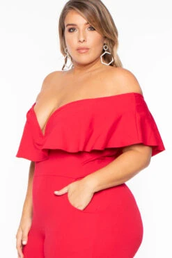 Plus Size Frill Jumpsuit - Red -Kitchensuppliesdeal curvy sense jumpsuits and rompers plus size frill jumpsuit red 29591166713953