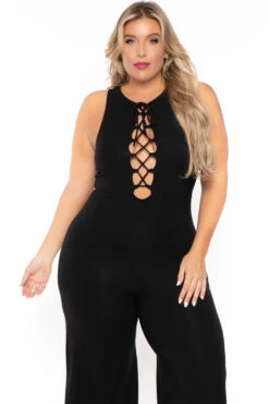 Plus Size Kelly Lace Up Jumpsuit- Black -Kitchensuppliesdeal curvy sense jumpsuits and rompers plus size kelly lace up jumpsuit black 30025557868641