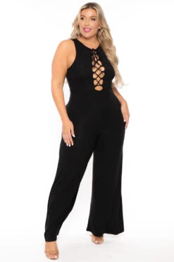 Plus Size Kelly Lace Up Jumpsuit- Black -Kitchensuppliesdeal curvy sense jumpsuits and rompers plus size kelly lace up jumpsuit black 30025558327393