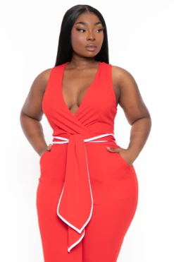 Plus Size Marisa Front Tie Jumpsuit- Red 4 Plus Size Marisa Front Tie Jumpsuit- Red -Kitchensuppliesdeal curvy sense jumpsuits and rompers plus size marisa front tie jumpsuit red 32127074795617