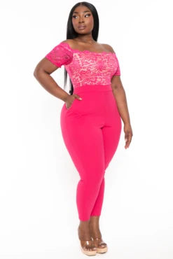 Plus Size Minnie Lace Top Short Sleeve Jumpsuit - Fuchsia 4 Plus Size Minnie Lace Top Short Sleeve Jumpsuit - Fuchsia -Kitchensuppliesdeal curvy sense jumpsuits and rompers plus size minnie lace top short sleeve jumpsuit fuchsia 32075805032545