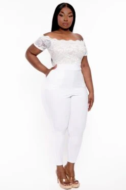 Plus Size Minnie Lace Top Short Sleeve Jumpsuit - White -Kitchensuppliesdeal curvy sense jumpsuits and rompers plus size minnie lace top short sleeve jumpsuit white 31999879905377