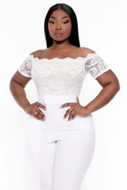 Plus Size Minnie Lace Top Short Sleeve Jumpsuit - White -Kitchensuppliesdeal curvy sense jumpsuits and rompers plus size minnie lace top short sleeve jumpsuit white 31999880069217