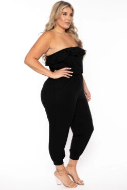 Plus Size Strapless Ruffle Capri Jumpsuit - Black 4 Plus Size Strapless Ruffle Capri Jumpsuit - Black -Kitchensuppliesdeal curvy sense jumpsuits and rompers plus size strapless ruffle capri jumpsuit black 30026019504225