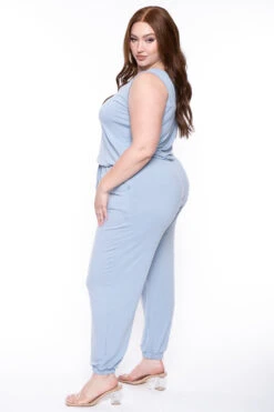 Plus Size Zelda Button Up Lounge Jumpsuit - Ash Blue -Kitchensuppliesdeal curvy sense jumpsuits and rompers plus size zelda button up lounge jumpsuit ash blue 29439923945569