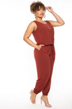 Plus Size Zelda Button Up Lounge Jumpsuit - Brick -Kitchensuppliesdeal curvy sense jumpsuits and rompers plus size zelda button up lounge jumpsuit brick 30489266159713