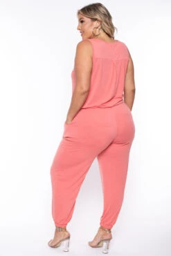 Plus Size Zelda Button Up Lounge Jumpsuit - Deep Coral -Kitchensuppliesdeal curvy sense jumpsuits and rompers plus size zelda button up lounge jumpsuit deep coral 29439557730401