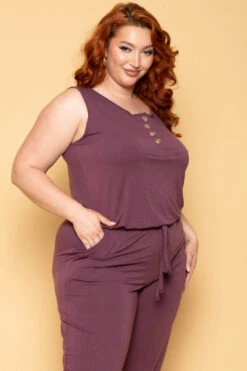 Plus Size Zelda Button Up Lounge Jumpsuit - Plum -Kitchensuppliesdeal curvy sense jumpsuits and rompers plus size zelda button up lounge jumpsuit plum 30025979396193