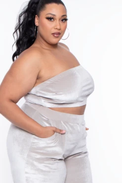 Plus Size Eloise Velour Bandeau & Pant Set - Stone -Kitchensuppliesdeal curvy sense matching sets plus size eloise velour bandeau pant set stone 29703490961505
