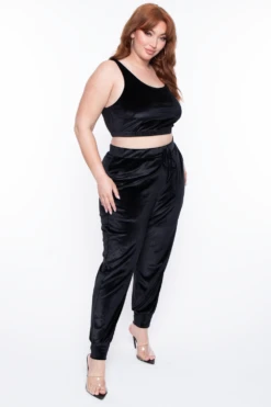 Plus Size Gaby Velour Tank & Jogger Set - Black -Kitchensuppliesdeal curvy sense matching sets plus size gaby velour tank jogger set black 29588748468321