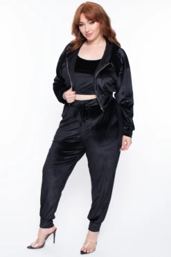 Plus Size Gaby Velour Tank & Jogger Set - Black -Kitchensuppliesdeal curvy sense matching sets plus size gaby velour tank jogger set black 29588748533857