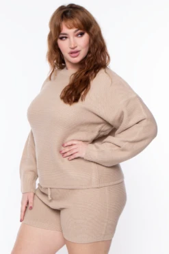Plus Size Knit Sweater And Shorts Set - Taupe -Kitchensuppliesdeal curvy sense matching sets plus size knit sweater and shorts set taupe 29587170787425