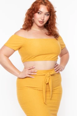 Plus Size Off The Shoulder Textured Matching Set - Mustard 6 Plus Size Off The Shoulder Textured Matching Set - Mustard -Kitchensuppliesdeal curvy sense matching sets plus size off the shoulder textured matching set mustard 29703828209761