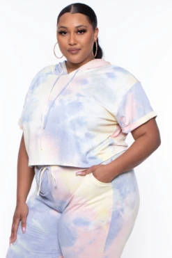 Plus Size Stelle Tie Dye Crop Hoodie & Joggers Set - Yellow -Kitchensuppliesdeal curvy sense matching sets plus size stelle tie dye crop hoodie joggers set yellow 29254358761569