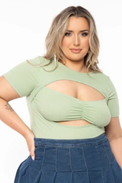 Plus Size Engrid Ribbed Cut Out Bodysuit - Sage -Kitchensuppliesdeal curvy sense tops plus size engrid ribbed cut out bodysuit sage 32199302807649