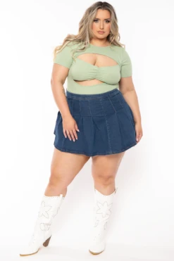 Plus Size Engrid Ribbed Cut Out Bodysuit - Sage -Kitchensuppliesdeal curvy sense tops plus size engrid ribbed cut out bodysuit sage 32199303430241