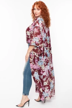 Plus Size Floral Bodysuit And Kimono Set - Plum -Kitchensuppliesdeal curvy sense tops plus size floral bodysuit and kimono set plum 29589816672353