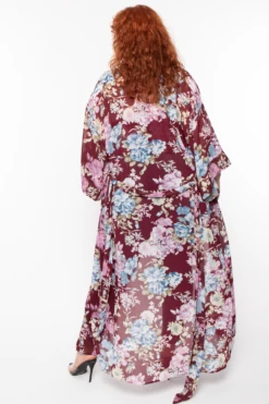 Plus Size Floral Bodysuit And Kimono Set - Plum -Kitchensuppliesdeal curvy sense tops plus size floral bodysuit and kimono set plum 29589817065569
